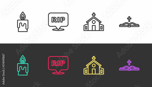 Set line Burning candle, Speech bubble rip death, Church building and Holy bible book on black and white. Vector