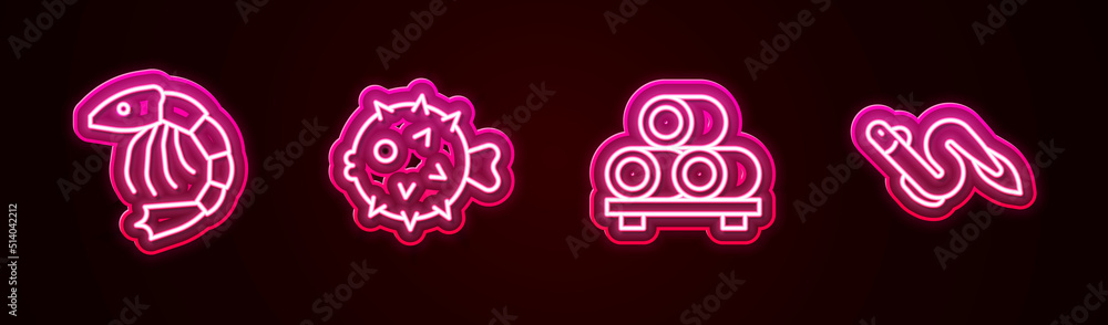 Set line Shrimp, Fish hedgehog, Sushi on cutting board and Eel fish. Glowing neon icon. Vector Set line Shrimp, Fish hedgehog, Sushi on cutting board and Eel fish. Glowing neon icon. Vector