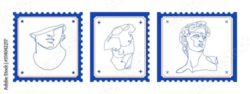 Stamps greek ancient gods. Postage frame stickers greece mythology one line art, vintage statue sketches. Vector set