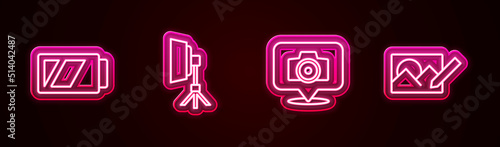 Set line Battery for camera, Softbox light, Photo and retouching. Glowing neon icon. Vector