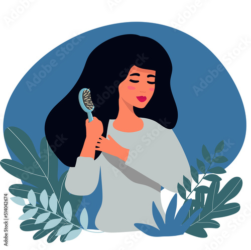 girl combing her long hair. flat Concept of Beauty, Hair care , hair health. Woman hairstyle by comb. 