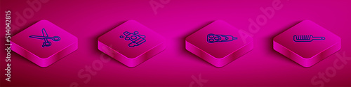 Set Isometric line Scissors hairdresser, Bottle of shampoo, Electric razor blade and Hairbrush icon. Vector