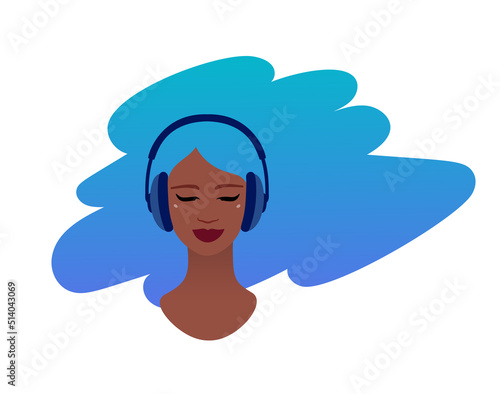 Woman with headphones and long blue hair