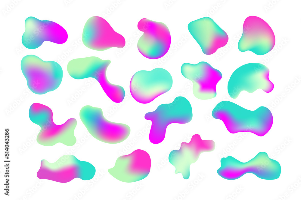 Random gradient iridescent irregular shapes. Set isolated liquid elements of holographic bright colorful design palette of shimmering colors. Modern abstract fluid splash . Random gradient iridescent irregular shapes. Set isolated liquid elements of holographic bright colorful design palette of shimmering colors. Modern abstract fluid splash .