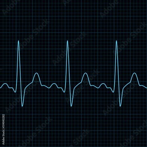Heart beat ecg or ekg seamless neon line on blue background. Electrocardiogram graph of healsh cardio rate. Examination of human health. Medicine test cardiac rhythm and pulsating inteval.
