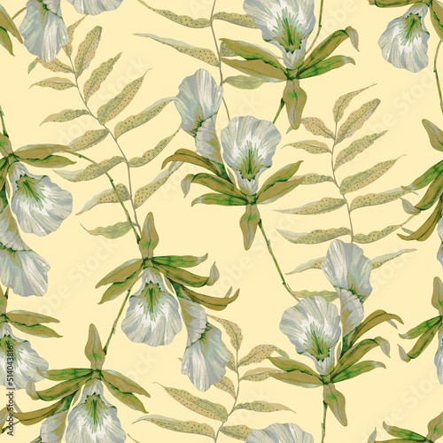 seamless pattern with green tropical leaves and orchid flowers, watercolor illustration.