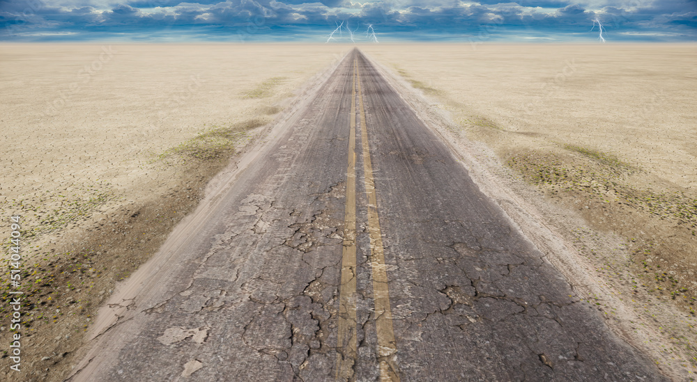 Straight road in the desert to infinity, wide angle view 3D illustration.