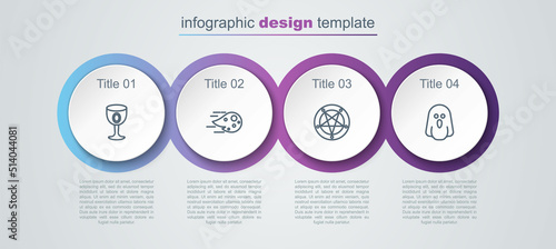 Set line Medieval goblet, Fireball, Pentagram in circle and Ghost. Business infographic template. Vector