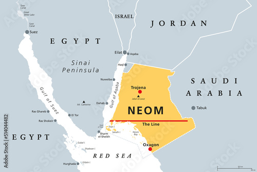 Neom, gray political map. Saudi megacity being built in the Tabuk Province of northwestern Saudi Arabia, North of the Red Sea and across Gulf of Aqaba. Planned as a smart city and tourist destination.