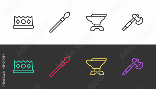 Set line King crown, Medieval spear, Anvil for blacksmithing and Wooden axe on black and white. Vector