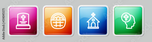 Set line Grave with tombstone, Basket easter eggs, Church building and Priest. Colorful square button. Vector