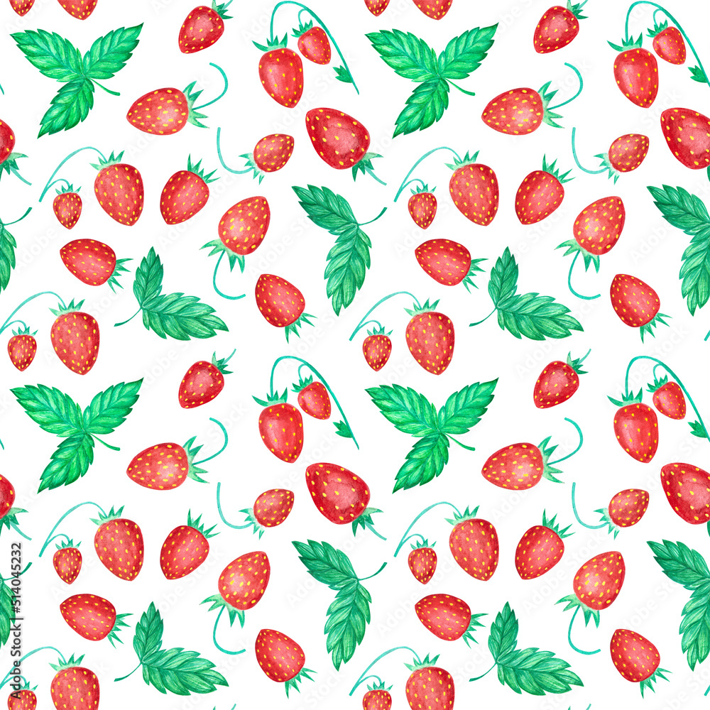 Seamless summer berries pattern with ripe mature red strawberries and green leaves on white background. Isolated aquarelle watercolour element for print Seamless summer berries pattern with ripe mature red strawberries and green leaves on white background. Isolated aquarelle watercolour element for print