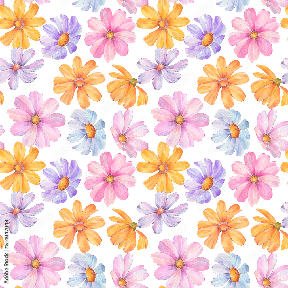 Delicate flowers collected in a seamless pattern. Seamless botanical pattern on a white background. Abstract floral ornament for design.