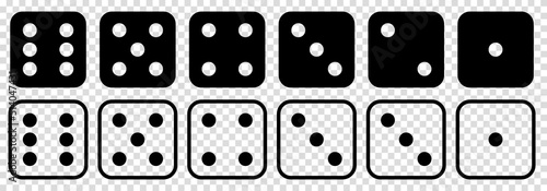 Game dice icons. Collection in flat and linear design from one to six. Vector illustration isolated on transparent background