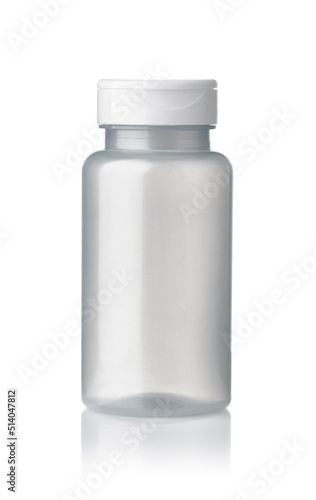 Front view of silver colored translucent plastic bottle