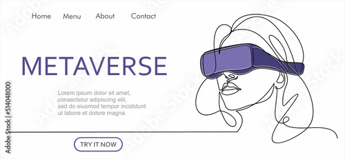 Metaverse digital cyber world technology, woman with virtual reality VR goggle continuous one line drawing. Can used for logo, emblem, slide show and banner. Illustration with quote template.  