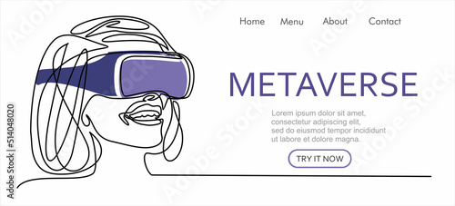 Metaverse digital cyber world technology, woman with virtual reality VR goggle continuous one line drawing. Can used for logo, emblem, slide show and banner. Illustration with quote template.  