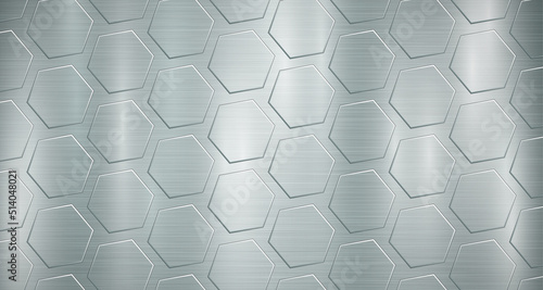 Abstract metallic background in light blue colors with highlights and a big voluminous convex hexagonal plates