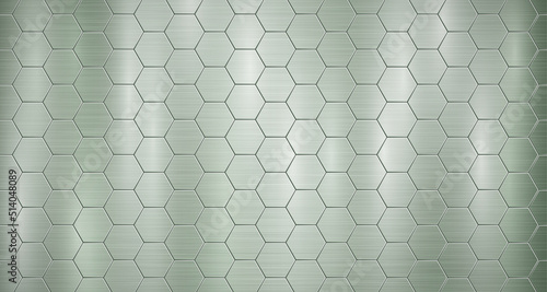 Abstract metallic background in green colors with highlights, consisting of voluminous convex hexagonal plates