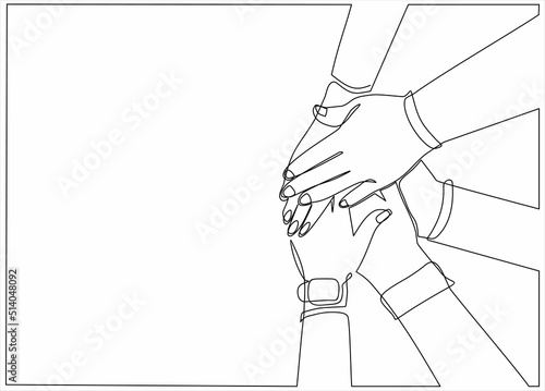 Continuous one line drawing of Young people putting their hands together. Friends with stack of hands showing unity and teamwork, top view. Can used for logo, emblem, slide show and banner.