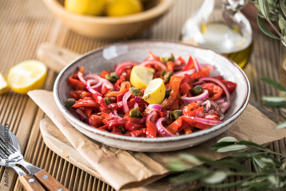 Warm salad or vegetable stew made from red beans and roasted red bell peppers. Vegan food. Thanksgiving Day Warm salad or vegetable stew made from red beans and roasted red bell peppers. Vegan food. Thanksgiving Day