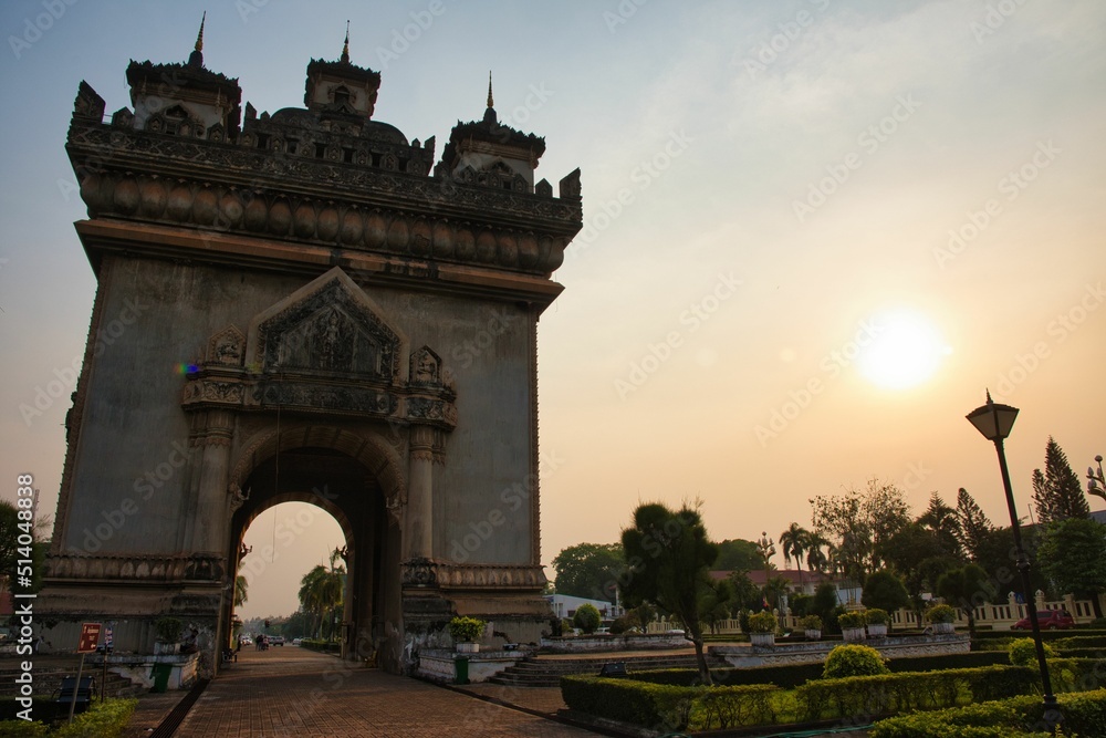 Sunrise over the city of Laos, Patuxay park or Monument at Vientiane, Laos. Patuxay monument, capital city of Laos.