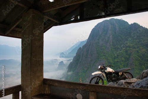 Motorbike on peak of Pha Ngern view point near Vang Vieng, Laos, Asia. High quality photo