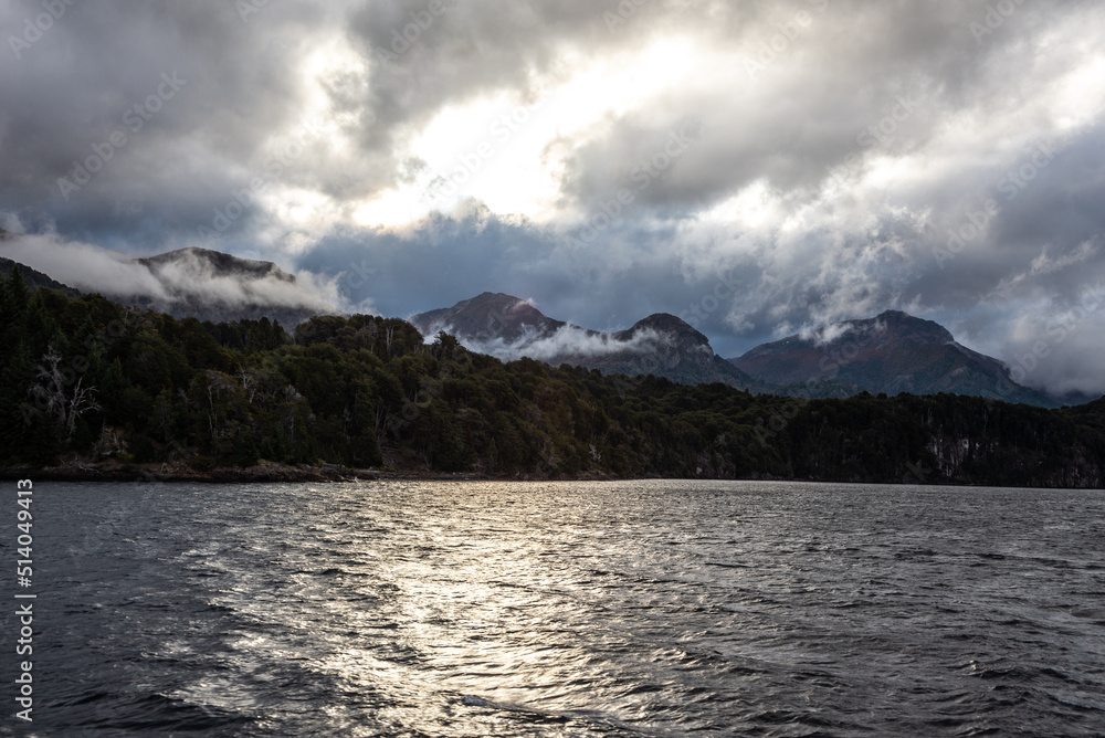 View of the Andes mountain range from Lake Nahuel Huapi in autumn