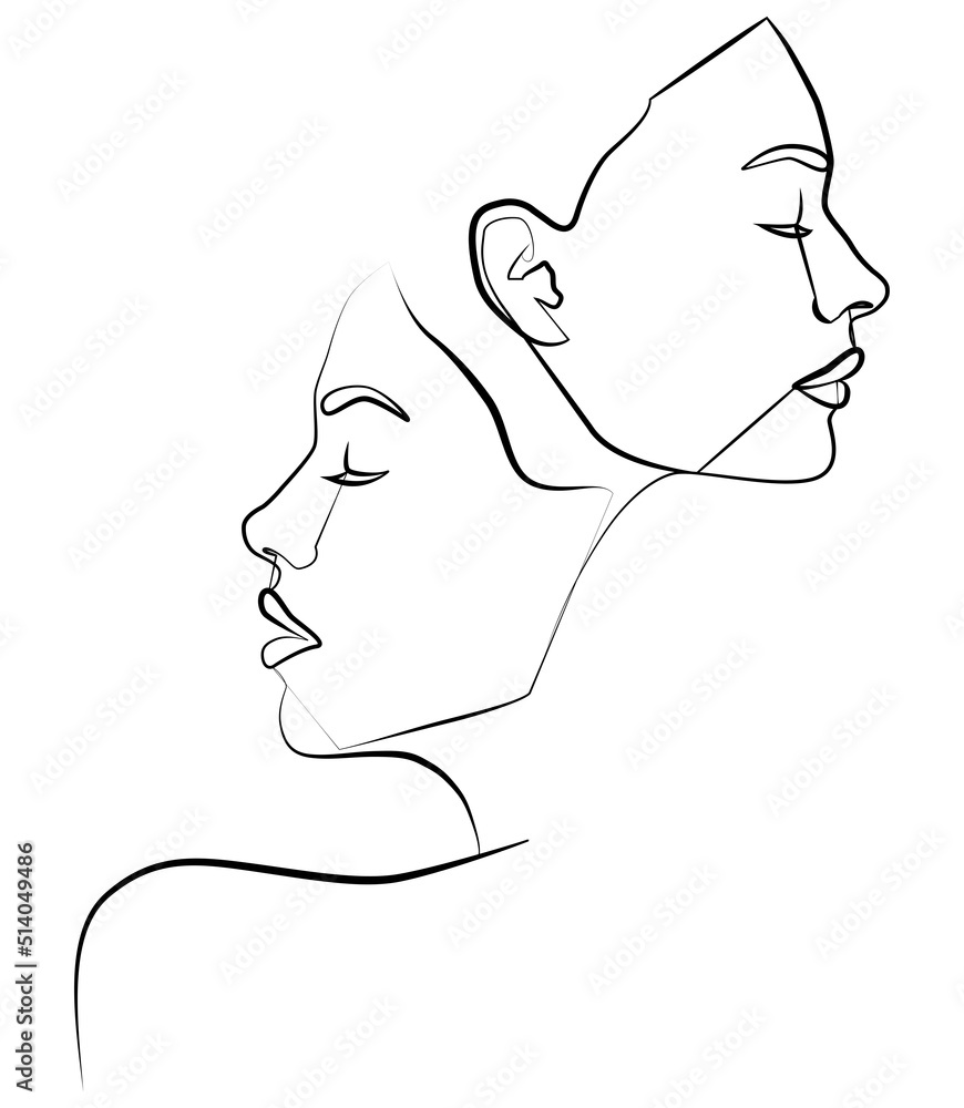 One line. Two faces in one line. Couple print, kiss print. One line. Two faces in one line. Couple print, kiss print.