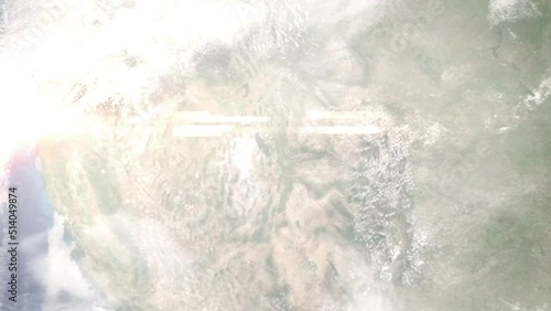 Earth zoom in from outer space to city. Zooming on Salt Lake City, Utah, USA. The animation continues by zoom out through clouds and atmosphere into space. Images from NASA