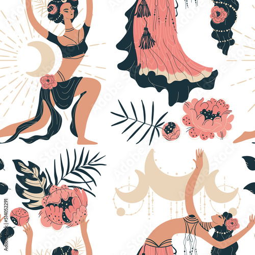 Seamless pattern in boho tribal dance with snakes