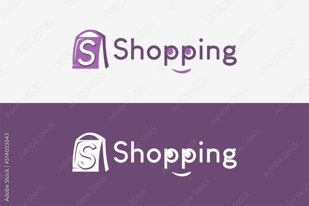 Simple shopping logo and icon design featuring a paper bag vector illustration in a creative pastel color concept.