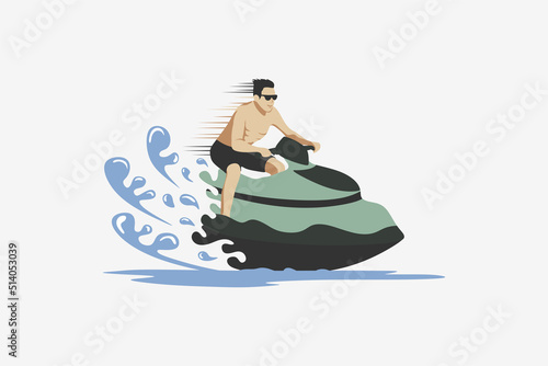 Design of person riding a water scooter, vector illustration of an outdoor sports water scooter on the beach or sea in pastel color creative concept.