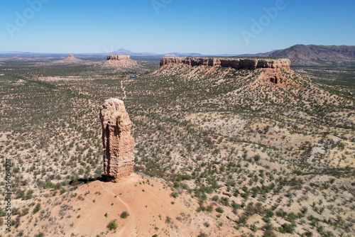 Aerial view of Vingerklip (rock finger) rock formation in Namibia.. Drone photograph photo