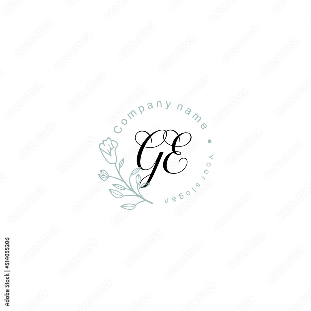 Initial letter GE handwriting with floral frame template Initial letter GE handwriting with floral frame template