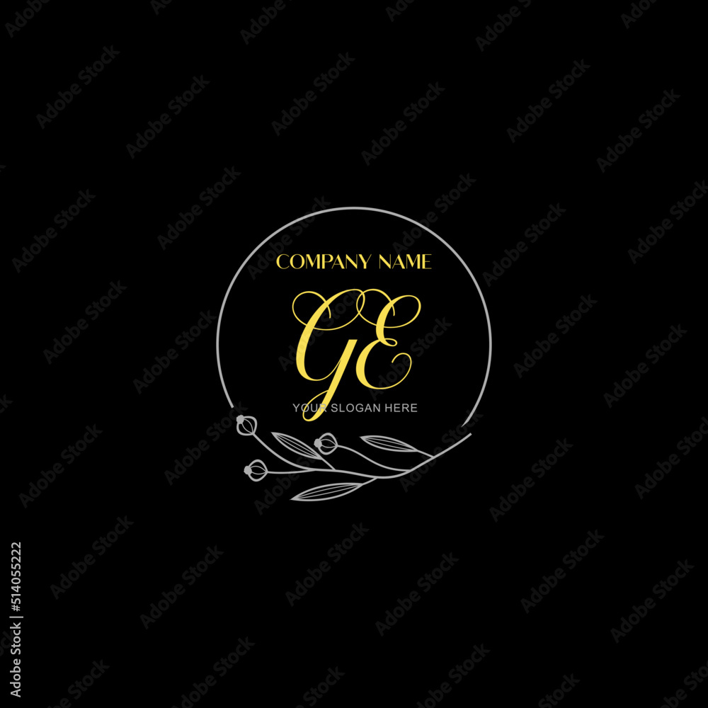 Initial letter GE handwriting with floral frame template Initial letter GE handwriting with floral frame template
