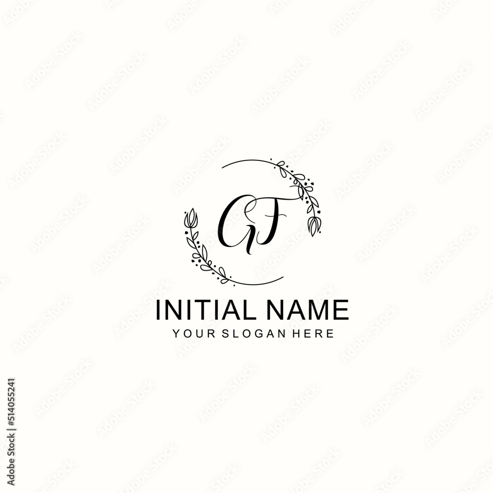 Initial letter GF handwriting with floral frame template Initial letter GF handwriting with floral frame template