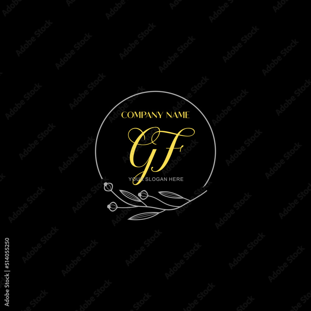 Initial letter GF handwriting with floral frame template Initial letter GF handwriting with floral frame template