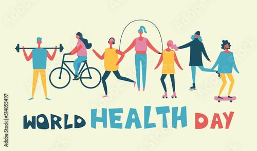 Vector illustration in flat design of group people doing different kinds of sport. World health day.