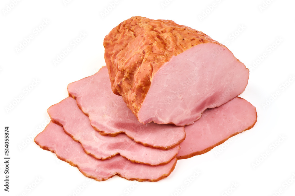 Smoked pork loin with slices, isolated on white background. Smoked pork loin with slices, isolated on white background.