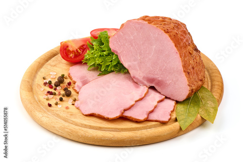 Hot stuffed pork ham with lettuce leaf, isolated on white background.