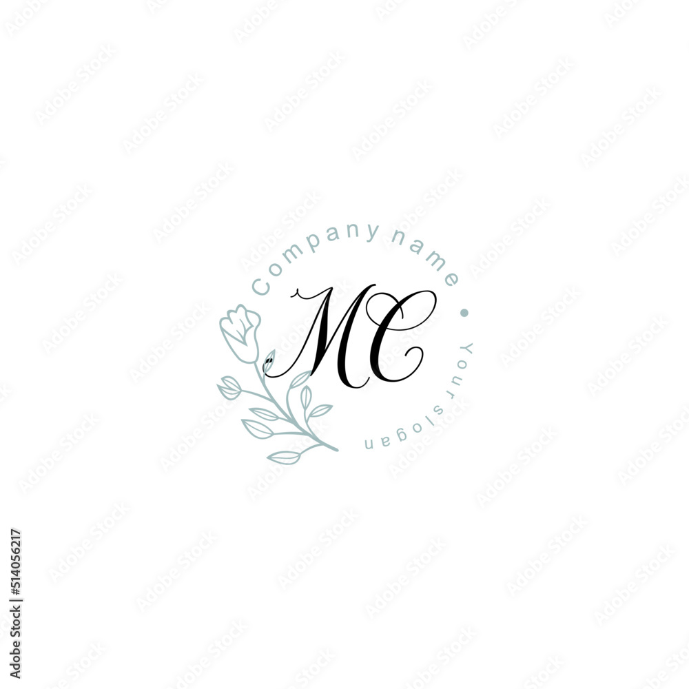 Initial letter MC handwriting with floral frame template Initial letter MC handwriting with floral frame template