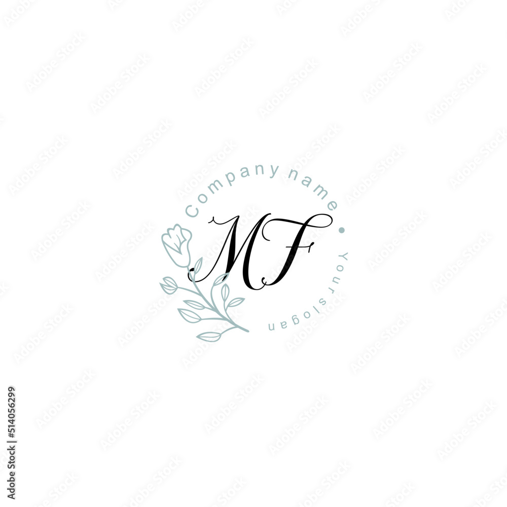 Initial letter MF handwriting with floral frame template Initial letter MF handwriting with floral frame template