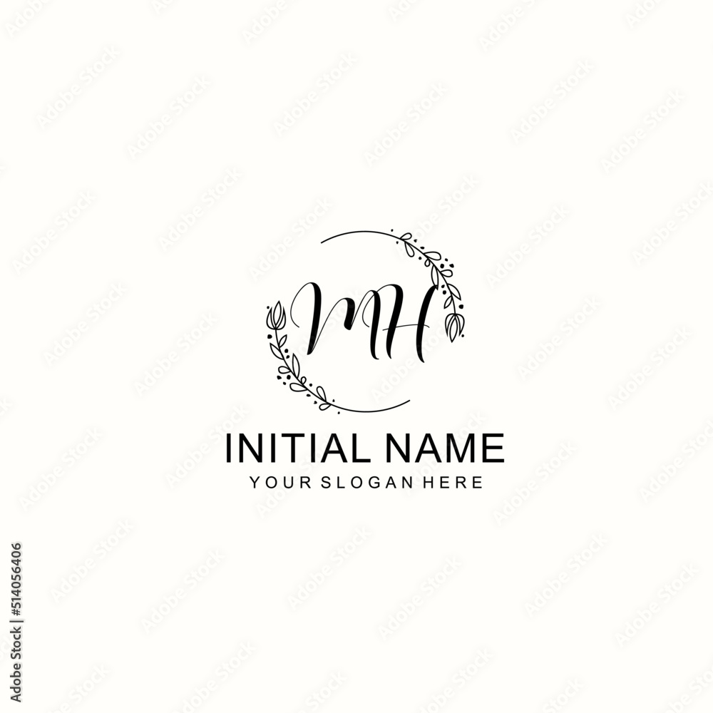Initial letter MH handwriting with floral frame template Initial letter MH handwriting with floral frame template