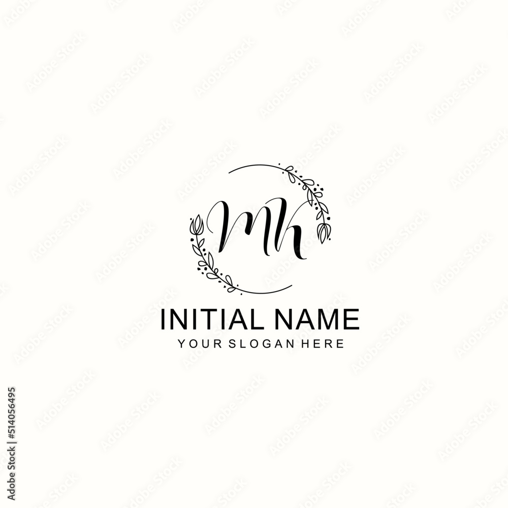 Initial letter MK handwriting with floral frame template Initial letter MK handwriting with floral frame template