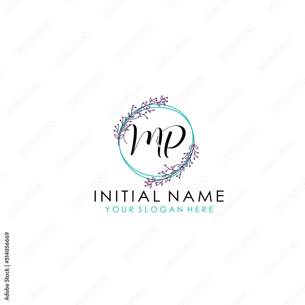 Initial letter MP handwriting with floral frame template Initial letter MP handwriting with floral frame template