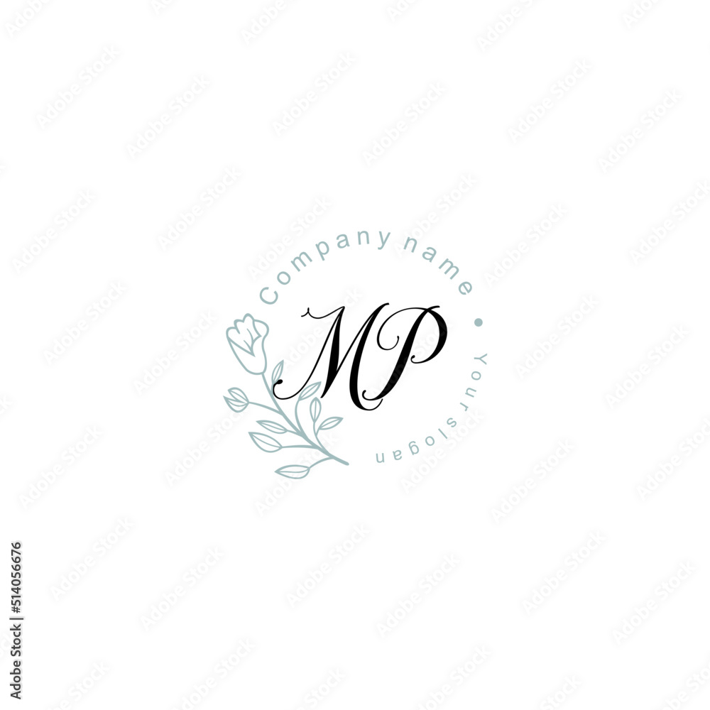 Fototapeta premium Initial letter MP handwriting with floral frame template
