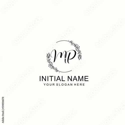 Initial letter MP handwriting with floral frame template