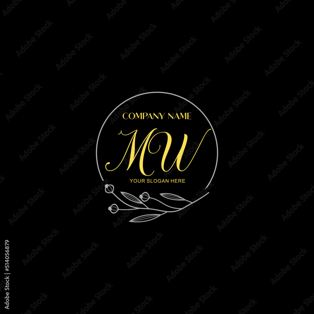 Fototapeta premium Initial letter MW handwriting with floral frame template