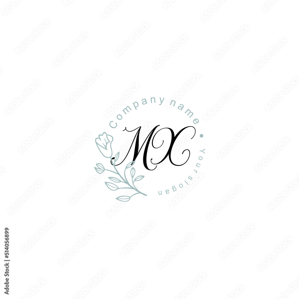 Initial letter MX handwriting with floral frame template Initial letter MX handwriting with floral frame template